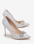  Pantofi stiletto Argintii cu sclipici cu fundiță și toc metalic Miarsea