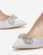  Pantofi stiletto Argintii cu sclipici cu fundiță și toc metalic Miarsea