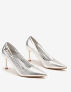  Pantofi stiletto argintii eleganti decorați cu cataramă Nevily