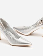  Pantofi stiletto argintii eleganti decorați cu cataramă Nevily