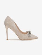  Pantofi stiletto aurii sclipitori cu fundiță și toc metalic Miarsea