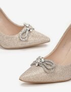  Pantofi stiletto aurii sclipitori cu fundiță și toc metalic Miarsea