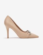  Pantofi stiletto Bej din satin cu zirconii cu cataramă Nicolina