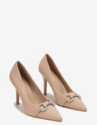  Pantofi stiletto Bej din satin cu zirconii cu cataramă Nicolina