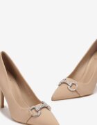  Pantofi stiletto Bej din satin cu zirconii cu cataramă Nicolina