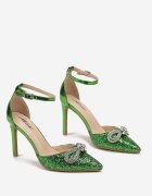  Pantofi stiletto eleganti verzi cu sclipici și fundiță cu zirconiu Emelly