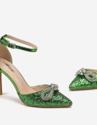  Pantofi stiletto eleganti verzi cu sclipici și fundiță cu zirconiu Emelly