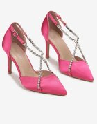  Pantofi stiletto fucsia înalți cu barete cu zirconii și vârf ascuțit Daphone