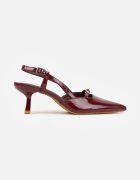  Pantofi tip mule Bordeaux Lăcuiți cu toc mic cu baretă la gleznă Evaliraea