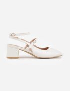  Pantofi tip pumps albi cu toc pătrat cu curelușe decorative și cataramă Elarose