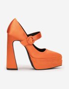  Pantofi tip pumps portocalii din satin cu toc gros înalt și platformă Vinge