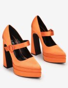 Pantofi tip pumps portocalii din satin cu toc gros înalt și platformă Vinge