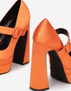  Pantofi tip pumps portocalii din satin cu toc gros înalt și platformă Vinge