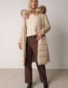 papillon d'or Geacă Lungă Bej Matlasată cu Glugă cu Blană și Curea în Talie Avesiia