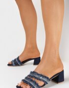  Papuci Albastru Marin de denim cu toc bloc cu zirconii franjurați decorativ Egerte