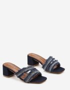  Papuci Albastru Marin de denim cu toc bloc cu zirconii franjurați decorativ Egerte