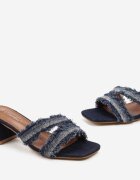  Papuci Albastru Marin de denim cu toc bloc cu zirconii franjurați decorativ Egerte