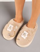  Papuci bej închis tip slip-on de blană cu aplicații decorative Reathlith
