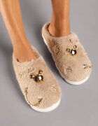  Papuci Bej închiși Plati Blănoși cu Circonii și Lanț Rearisa