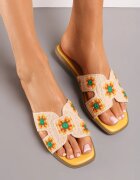  Papuci Galbeni cu talpă plată cu broderie decorativă Laviera
