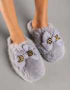  Papuci Gri Pufoși cu Fundiță Decorativă și Aplicații Metalice Filona