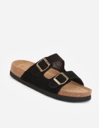  Papuci Negri Clasici din Piele Întoarsă Naturală cu Barete cu Catarame cu Reglare Realie