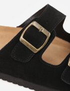  Papuci Negri Clasici din Piele Întoarsă Naturală cu Barete cu Catarame cu Reglare Realie