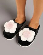  Papuci Negri Pufoși cu Aplicație Decorativă în formă de Floare Neathlia
