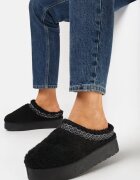  Papuci negri slip-on cu platformă și broderie decorativă Olisia