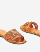  Papuci Portocalii Plati din Piele Ecologică cu Pietre Decorative Zadina