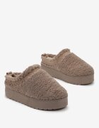  Papuci slip-on Bej închis cu platformă cu broderie decorativă Olisia