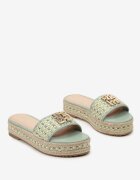  Papuci Verde Boho cu talpă groasă cu ornament metalic