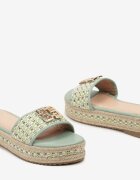  Papuci Verde Boho cu talpă groasă cu ornament metalic
