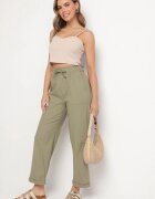 pesail Pantaloni din bumbac verde închis cu talie înaltă și legătură decorativă Vilwia