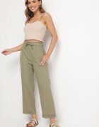 pesail Pantaloni din bumbac verde închis cu talie înaltă și legătură decorativă Vilwia