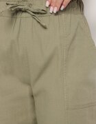 pesail Pantaloni din bumbac verde închis cu talie înaltă și legătură decorativă Vilwia