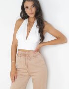 pesail Pantaloni Largi Bej Închis cu Elastic în Talie Moti