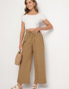 pesail Pantaloni maro deschis de bumbac largi cu elastic și șnur în talie Faliova