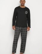  Pijama Neagră din 2 piese cu mânecă lungă și imprimeu și pantaloni cu elastic în talie Junco