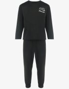  Pijama Neagră din 2 piese cu mânecă lungă și imprimeu și pantaloni cu elastic în talie Junco