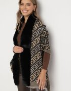  Poncho Negru-Bej din viscoză cu model geometric cu inserție de blană Miarella