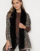  Poncho Negru-Bej din viscoză cu model geometric cu inserție de blană Miarella