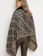  Poncho Negru-Bej din viscoză cu model geometric cu inserție de blană Miarella