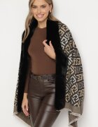  Poncho Negru-Bej din viscoză cu model geometric cu inserție de blană Miarella