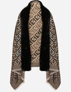  Poncho Negru-Bej din viscoză cu model geometric cu inserție de blană Miarella