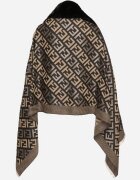  Poncho Negru-Bej din viscoză cu model geometric cu inserție de blană Miarella