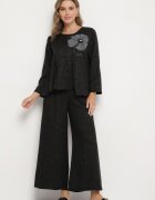 pretty Compleu Negru Bluză cu bază evazată și aplicație florală și Pantaloni largi Ravirisa