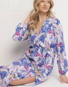 pretty Rochie Albastră Cloș cu Imprimeu Floral cu Decolteu în V și Elastic în Talie Janitra