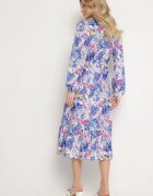 pretty Rochie Albastră Cloș cu Imprimeu Floral cu Decolteu în V și Elastic în Talie Janitra