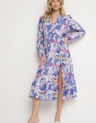 pretty Rochie Albastră Cloș cu Imprimeu Floral cu Decolteu în V și Elastic în Talie Janitra